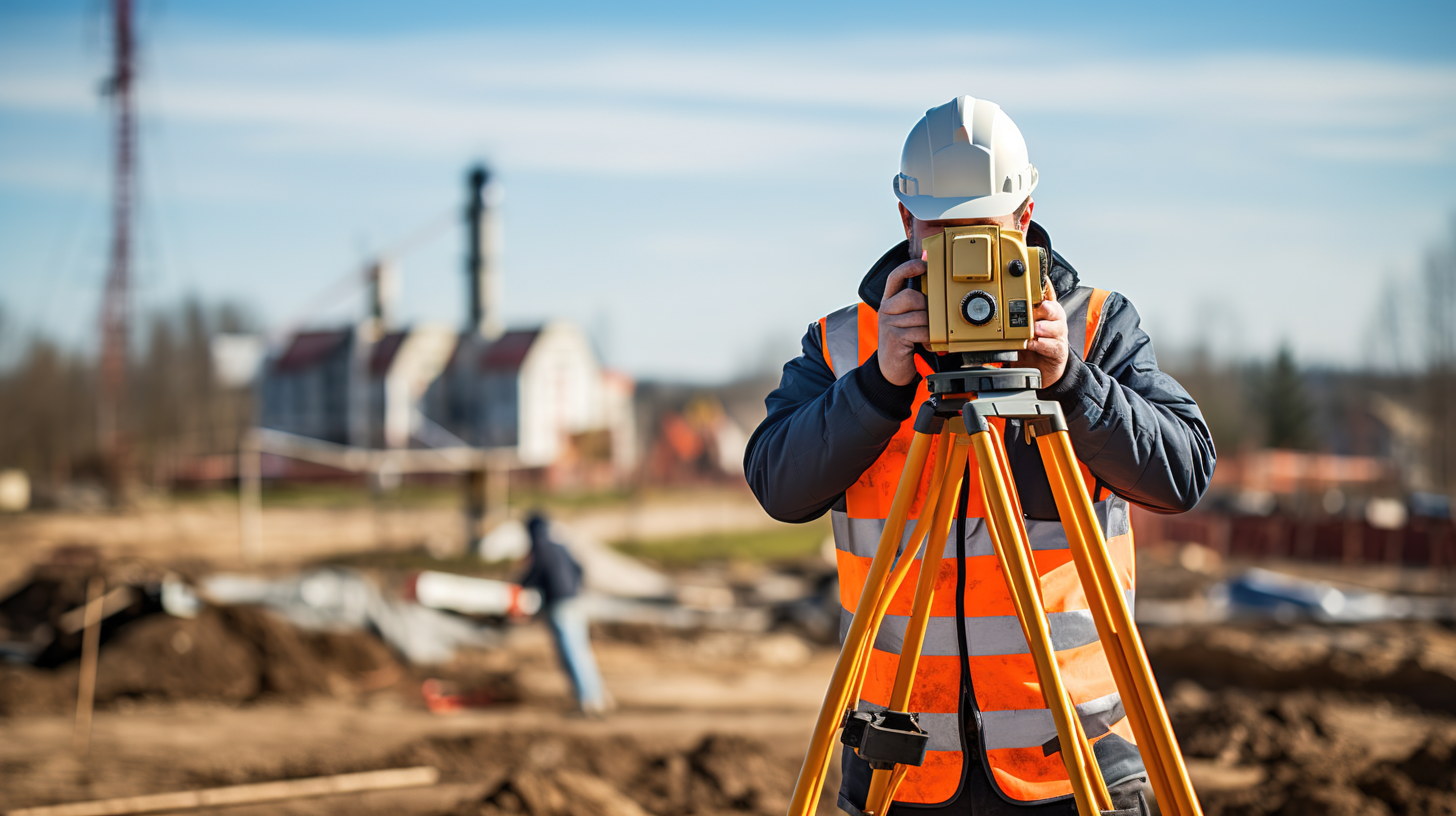 Site operative surveying a site, taking x/y/z coordinates and ground elevations levels
